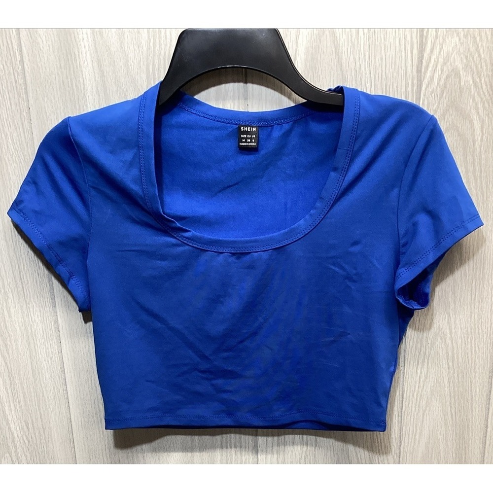 SHEIN Women's (Size M) Short Sleeve Scoop Neck Crop Top Shirt‎ Stretch Blue